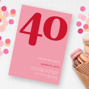 40th Birthday Invitation Digital | Pink and Red Minimalist | INSTANT DOWNLOAD | Womans Party Invite | Editable Printable Template MM55