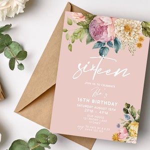 Invitación de cumpleaños número 16 floral rosa / DESCARGA INSTANTE / Invitación a la decimosexta fiesta de primavera para niñas / Plantilla digital imprimible editable MM97