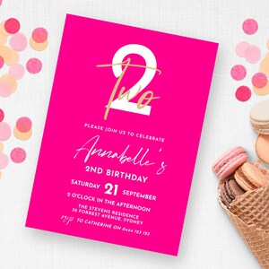 Einladung zum 2.Geburtstag in Pink und Gold | SOFORTIGER DOWNLOAD | Helle Kinder Zweite Party Invite | Bearbeitbare Druckbare Digitale Vorlage MM98