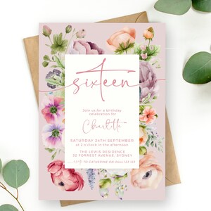 Invitación de cumpleaños número 16 floral rosa / DESCARGA INSTANTE / Invitación a la decimosexta fiesta de primavera para niñas / Plantilla digital imprimible editable MM23
