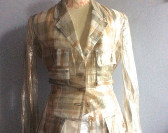 Issey Miyake sheer plaid jacket Miyake transparent check blazer safari style jacket Japanese design vintage Miyake shiny plaid jacket