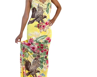 Roberto Cavalli eagle print silk knit maxi dress with train pheasant print Class Cavalli maxi dress bird turkey print Cavalli class bird