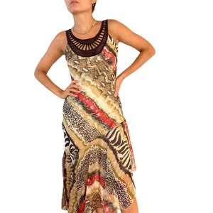 90er asymmetrisches Chiffonkleid im Cavalli-style animal print, Patchworkkleid, gehäkeltes Mieder, Cavalli-Vibe,