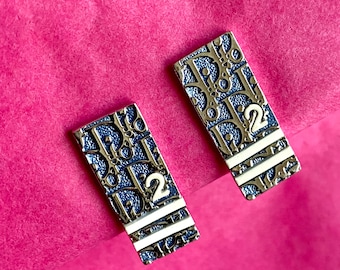 Vintage Dior Oblique Trotter Clip On Earrings: Silver Tone Monogram