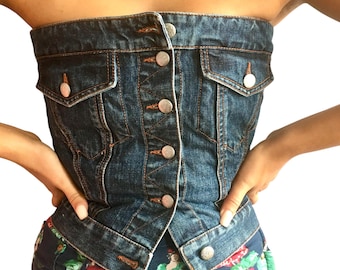 Vintage Jean Paul Gaultier Denim Bustier Top: 1980s Strapless Corset