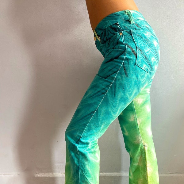 Roberto Cavalli jeans psychedelic print jeans S/S01 ombré Cavalli Jeans wavy print jeans marbled jeans swirl print ombre sparkles XS