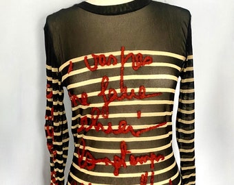 Gaultier Sheer Mesh Striped Top Embroidered Handwriting FW Gaultier Sheer Mesh Striped Top Embroidered Handwriting FW