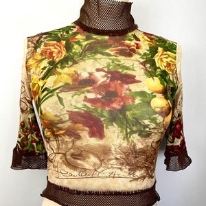 Jean Paul Gaultier SS 1999 Floral Fruits Botanical Print Mesh crop top Jean Paul Gaultier Maille Classique SS99 Devon Aioki lemons fishnet