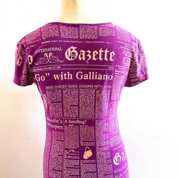 Galliano Gazette Galliano newspaper print t-shirt John Galliano Gazette short sleeve top grape tee shirt typography print newsprint top