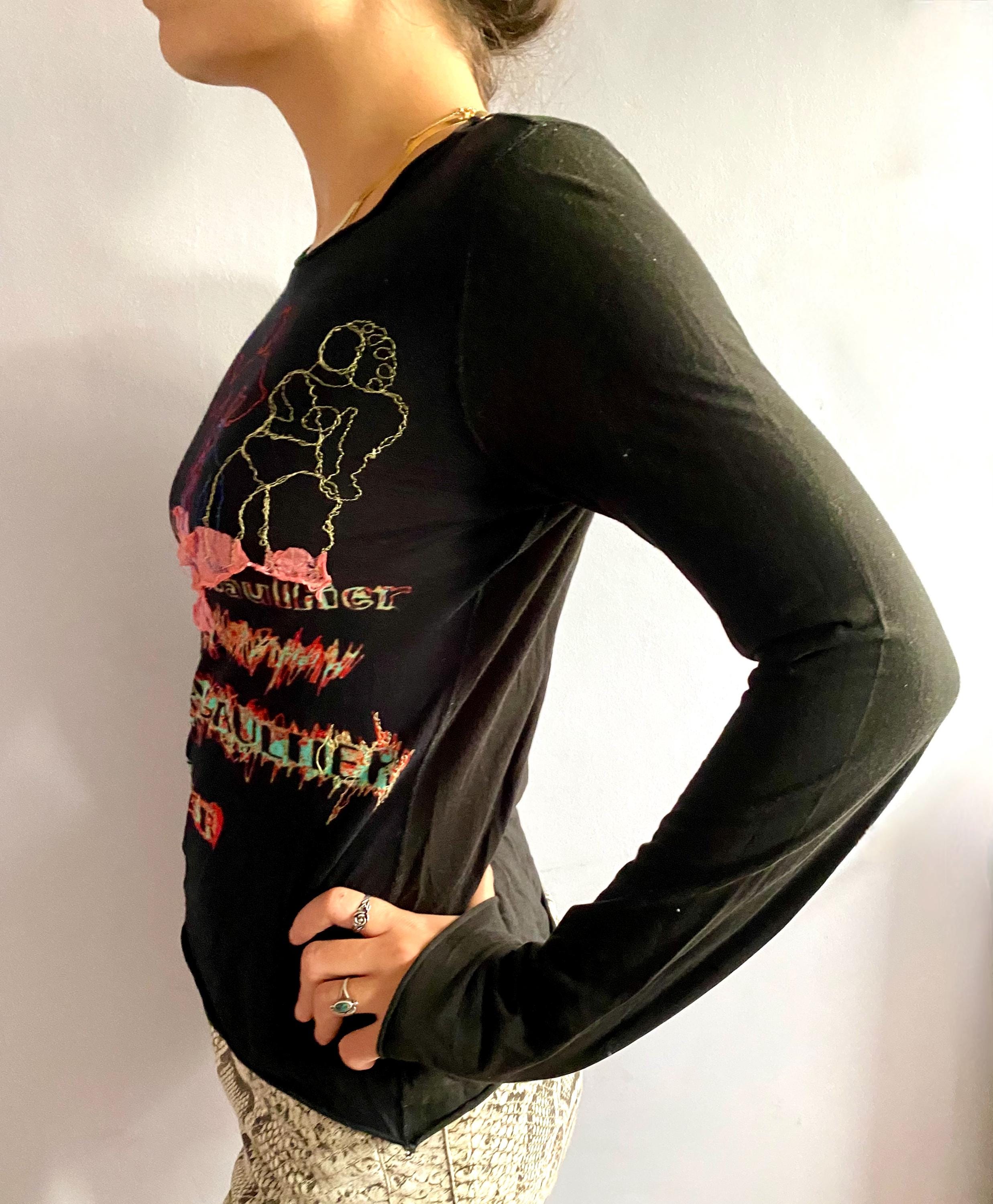 小物 Jean Paul Gaultier MAILLE Power Shoulder Vintage Jean Paul Gaultier Maille Embroidered Mesh Knit Top