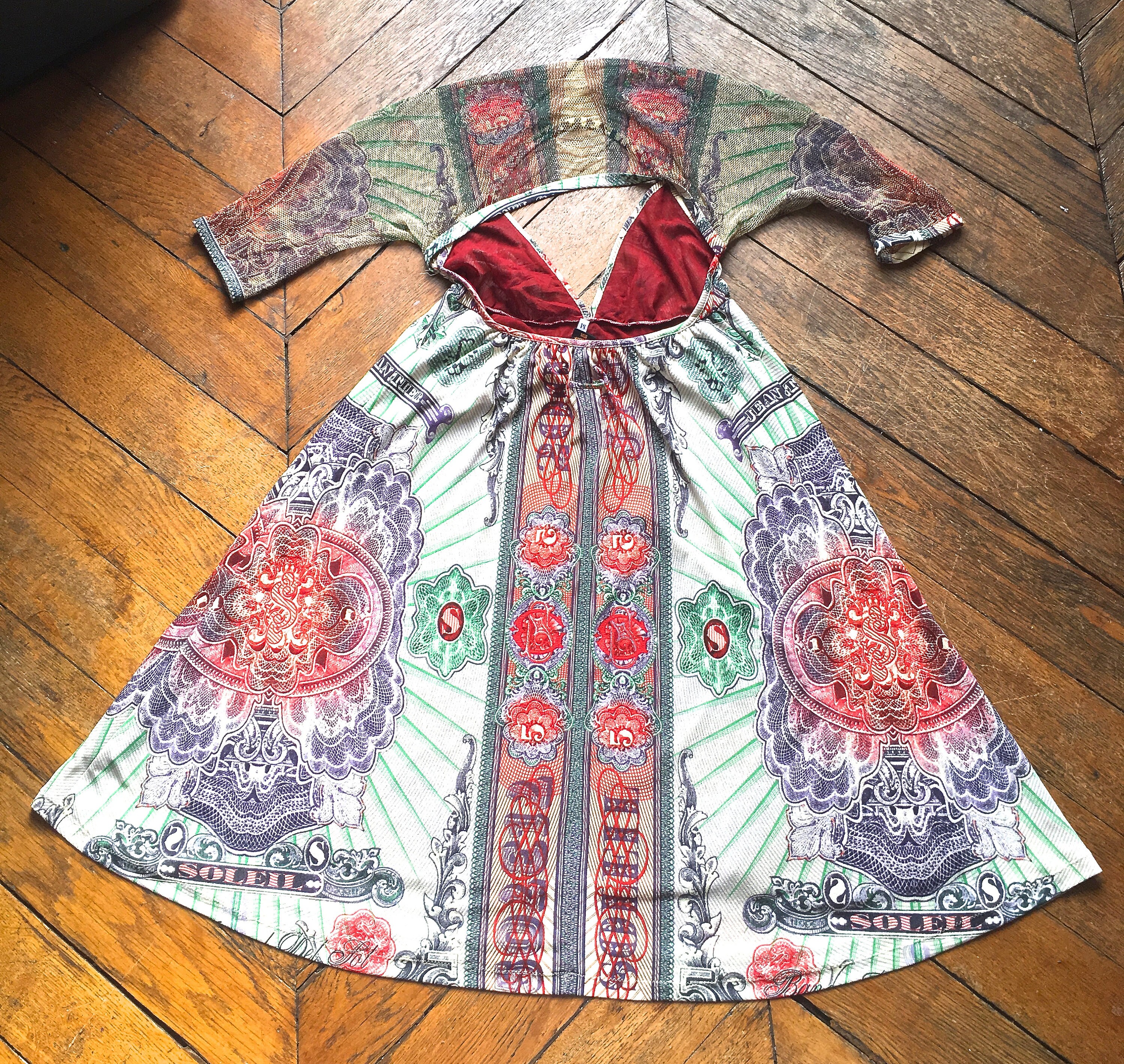 Vintage Jean Paul Gaultier Mesh Dress, Currency Print, Open Back