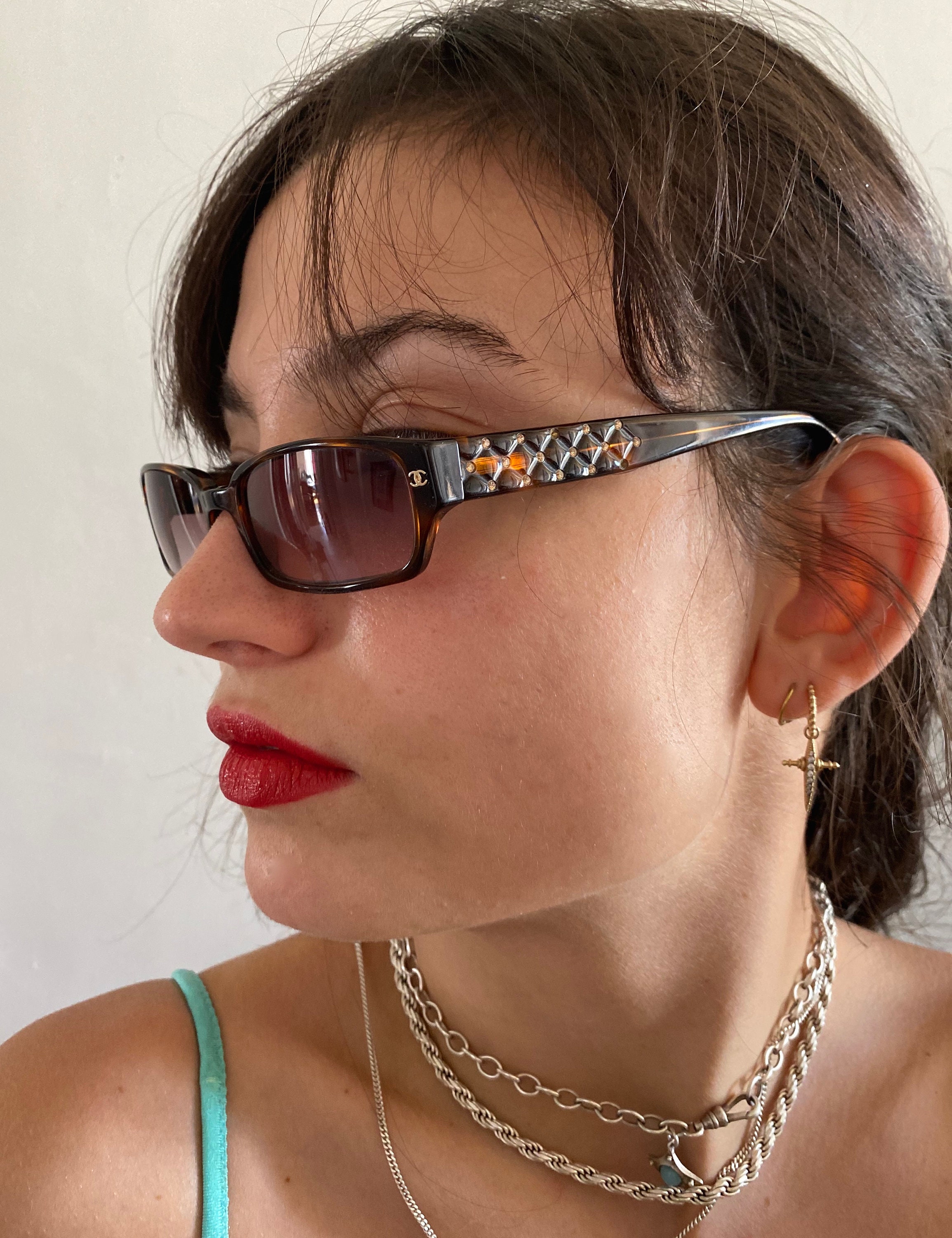 Vintage Chanel Quilted Sunglasses Chanel Mini Y2K Rhinestone 