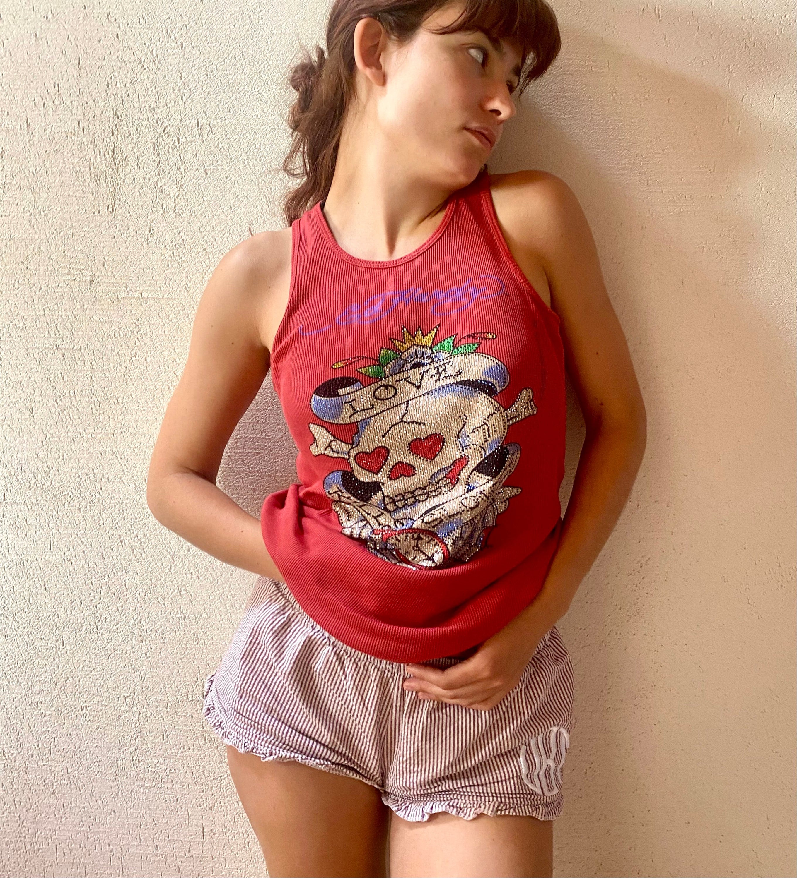 Ed Hardy Ribbed Cotton Tank Top Rhinestone Skull Heart and