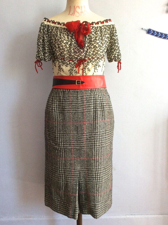 70s plaid pencil skirt 1970s check skirt midi ski… - image 1