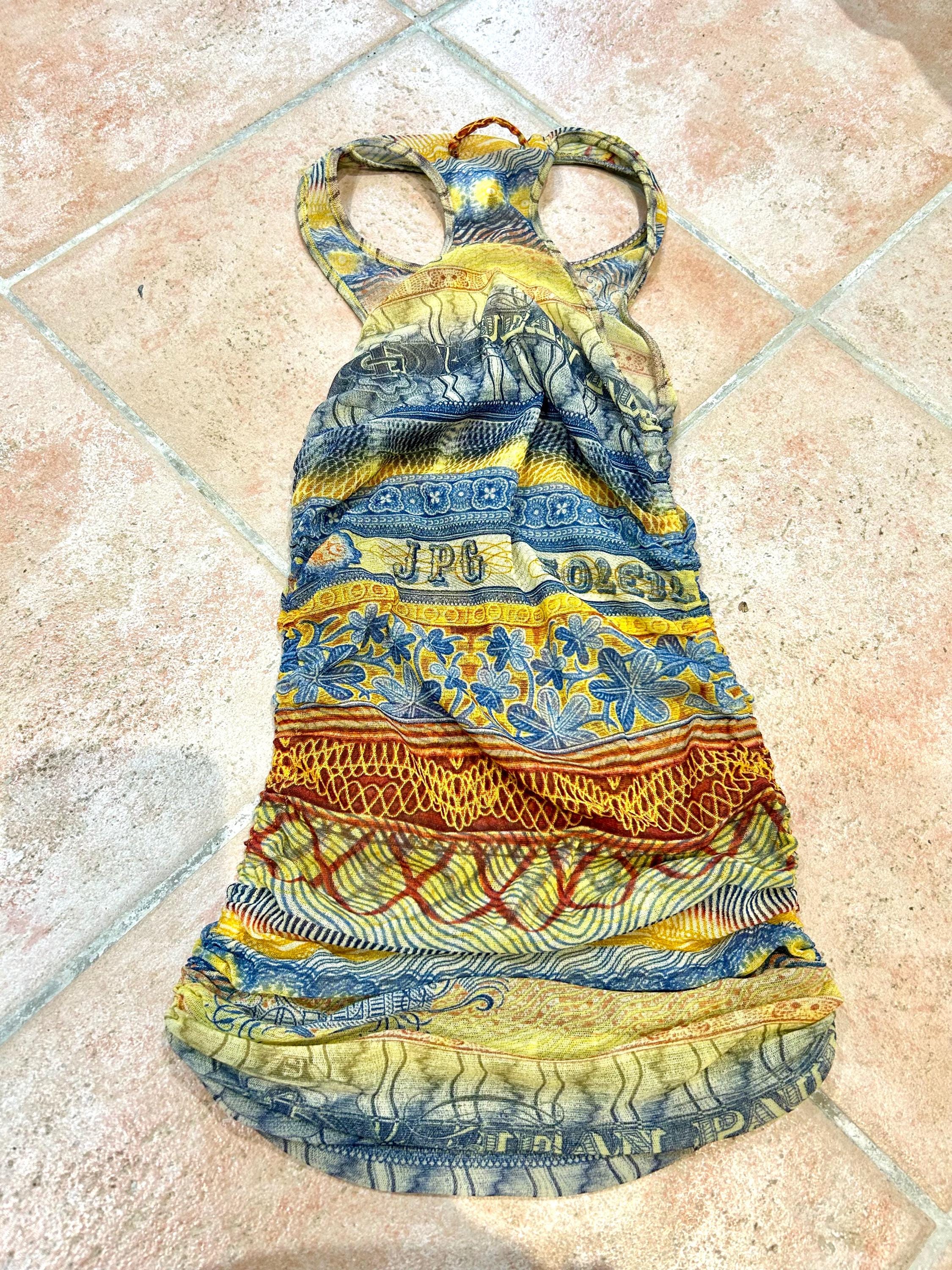 Vintage Jean Paul Gaultier Soleil Currency Print Stretch Mesh Tank