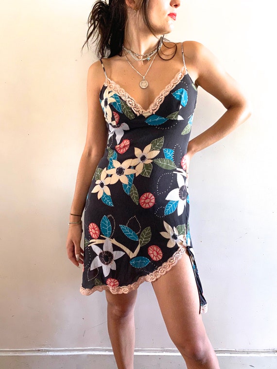 Malizia silk slip dress asymmetric hem floral slip