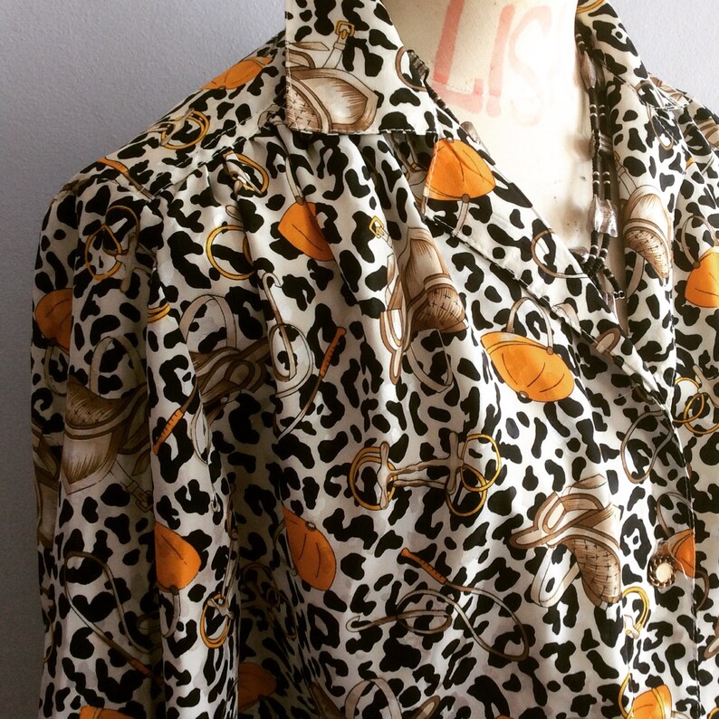 70s Leopard Equestrian Print Blouse: Silky Balloon Sleeve Top image 2