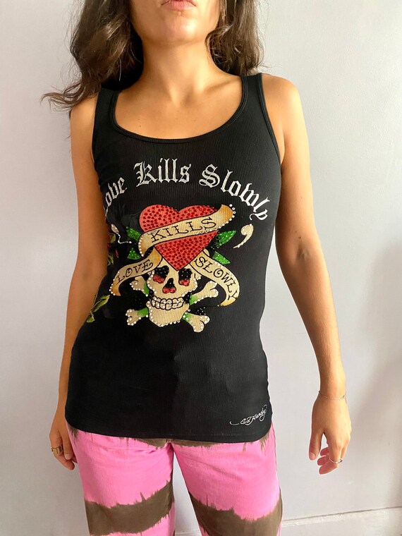 Ed Hardy Short Sleeve Black Rose Heart Tattoo Crop Top