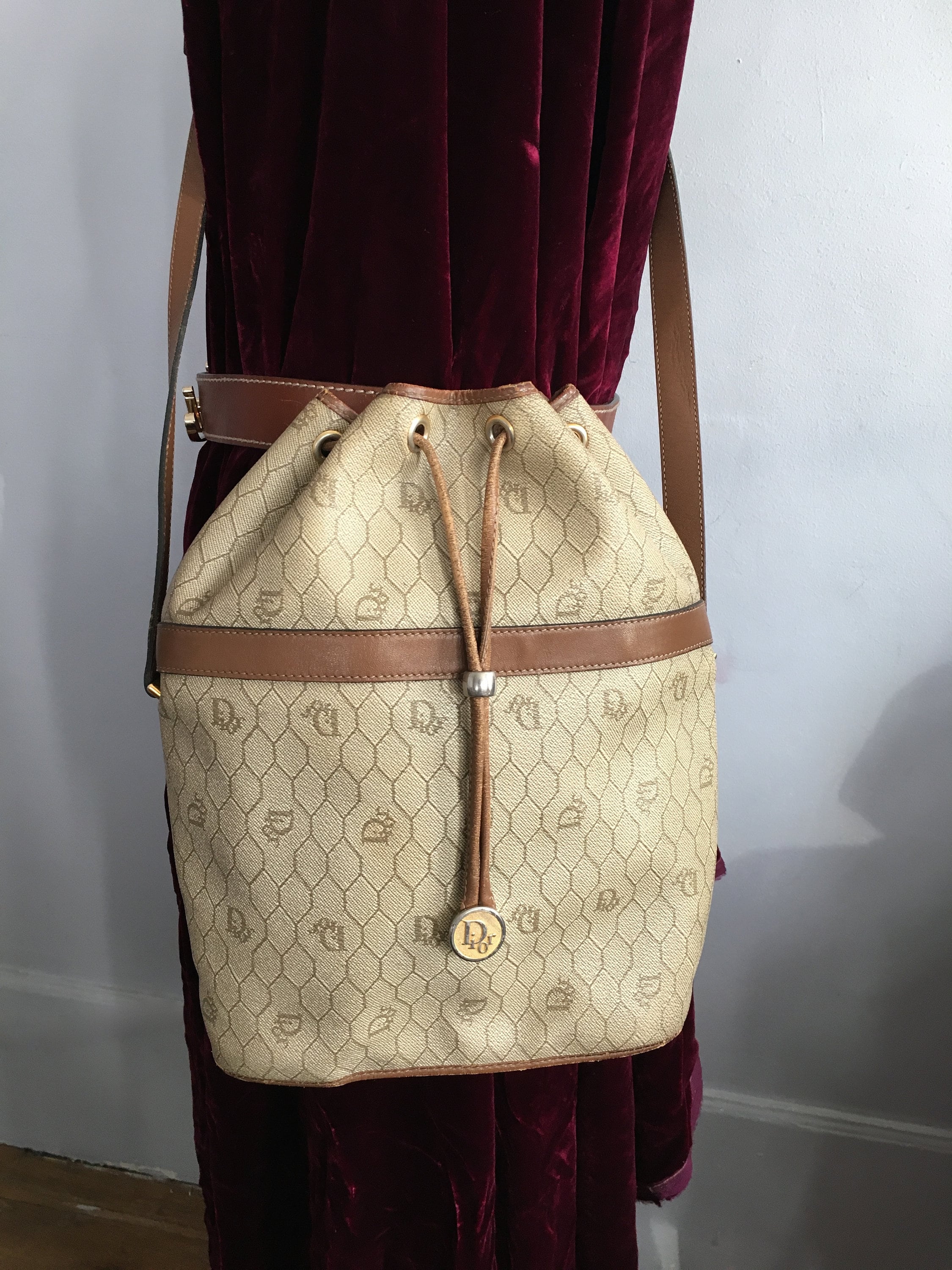 Vintage 70s Christian Dior Honeycomb Monogram Canvas Leather Bag