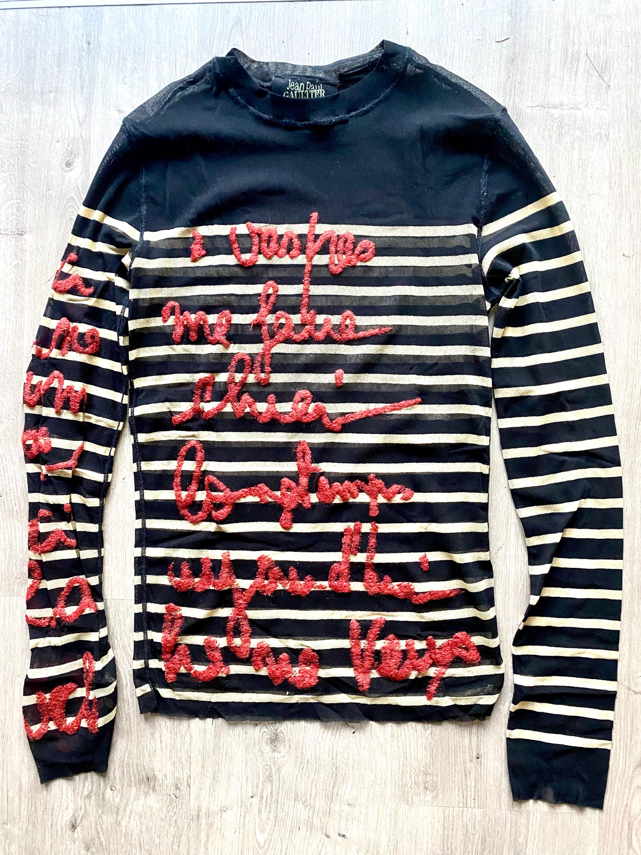 Gaultier Sheer Mesh Striped Top Embroidered Handwriting FW