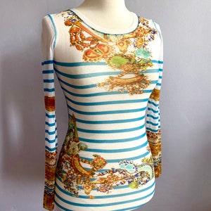 Jean Paul Gaultier Soleil sheer mesh striped top Gaultier Soleil transparent mariniere stripe baroque print overlay vtg JPG trompe l&#39;oeil