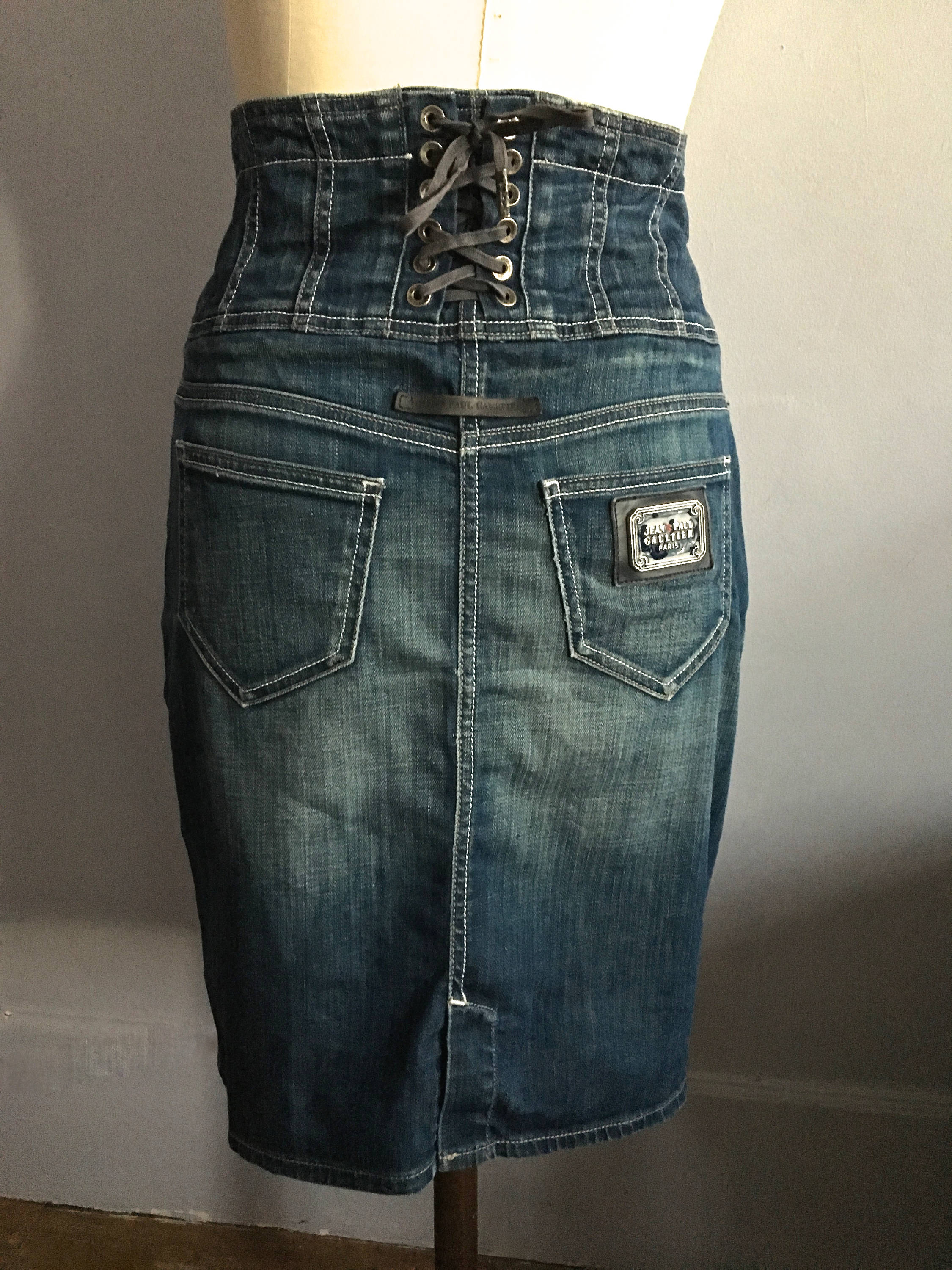 Jean Paul Gaultier Denim Skirt Pencil Skirt Corset Lacing 80s