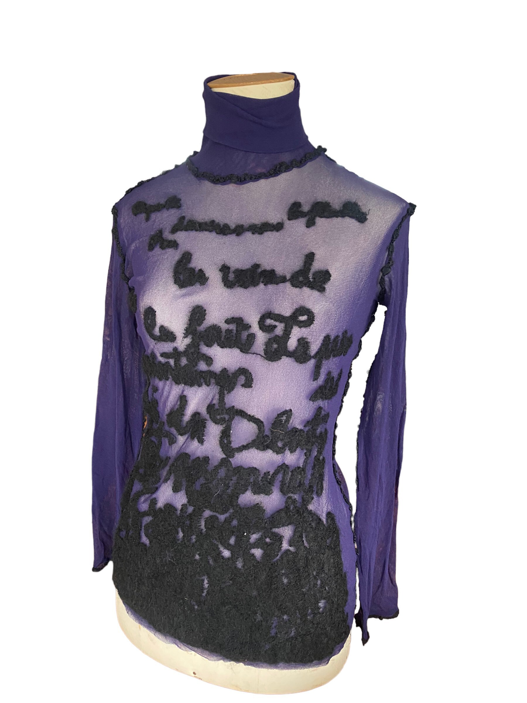 Gaultier Sheer Mesh Top Embroidered Handwriting FW 2001 Jean Gaultier Sheer Mesh Top Embroidered Handwriting FW 2001 Jean