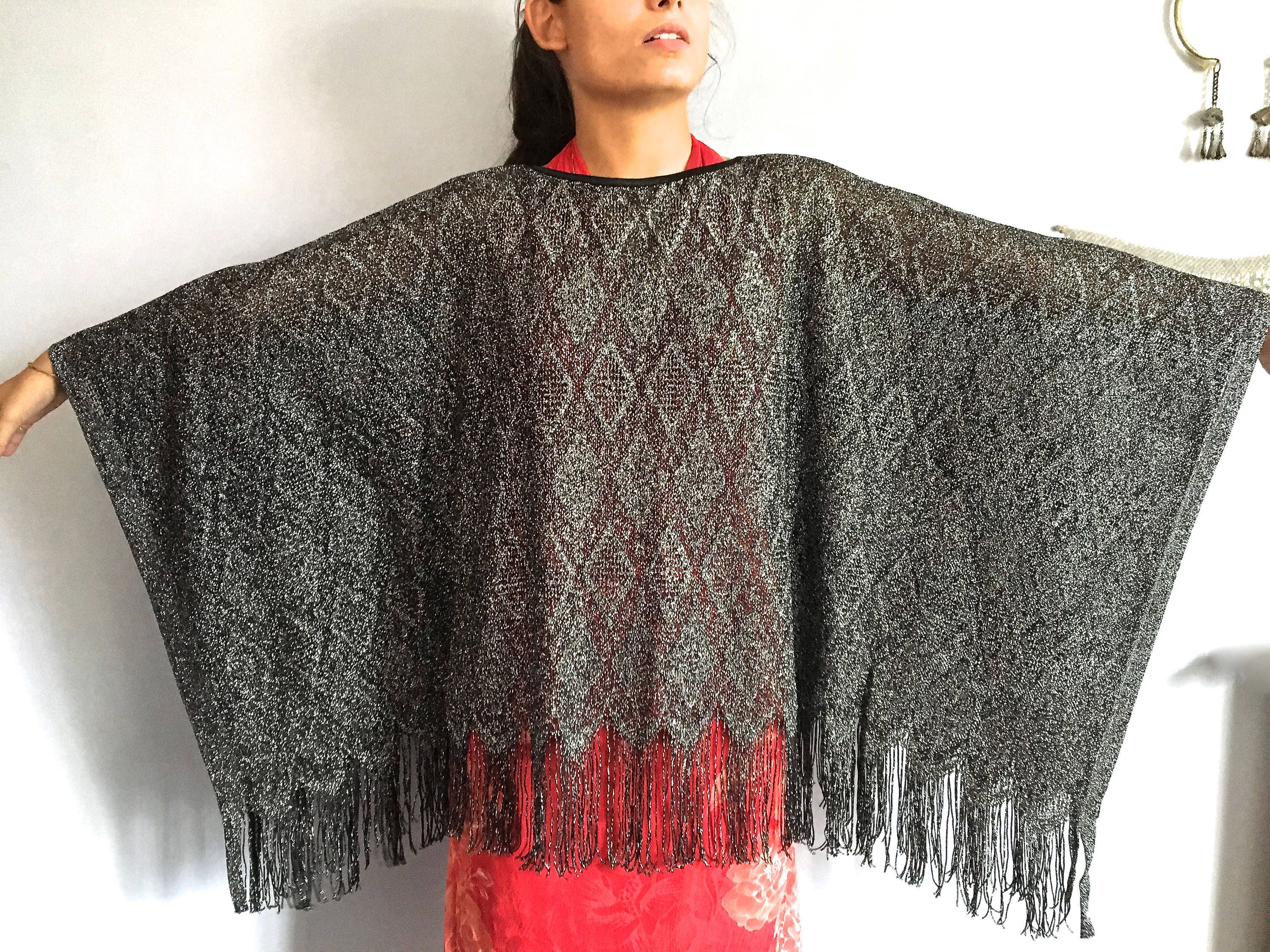 Fringed Metallic Poncho Lurex Knit Fringe 70s Poncho Fringes