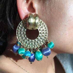 80s dichiarazione orecchini 80s grandi dimensioni orecchini cerchio perline perline oro tono goccia orecchini sfere martellato ottone dangolo orecchini ottino 80s cerchi clip oro
