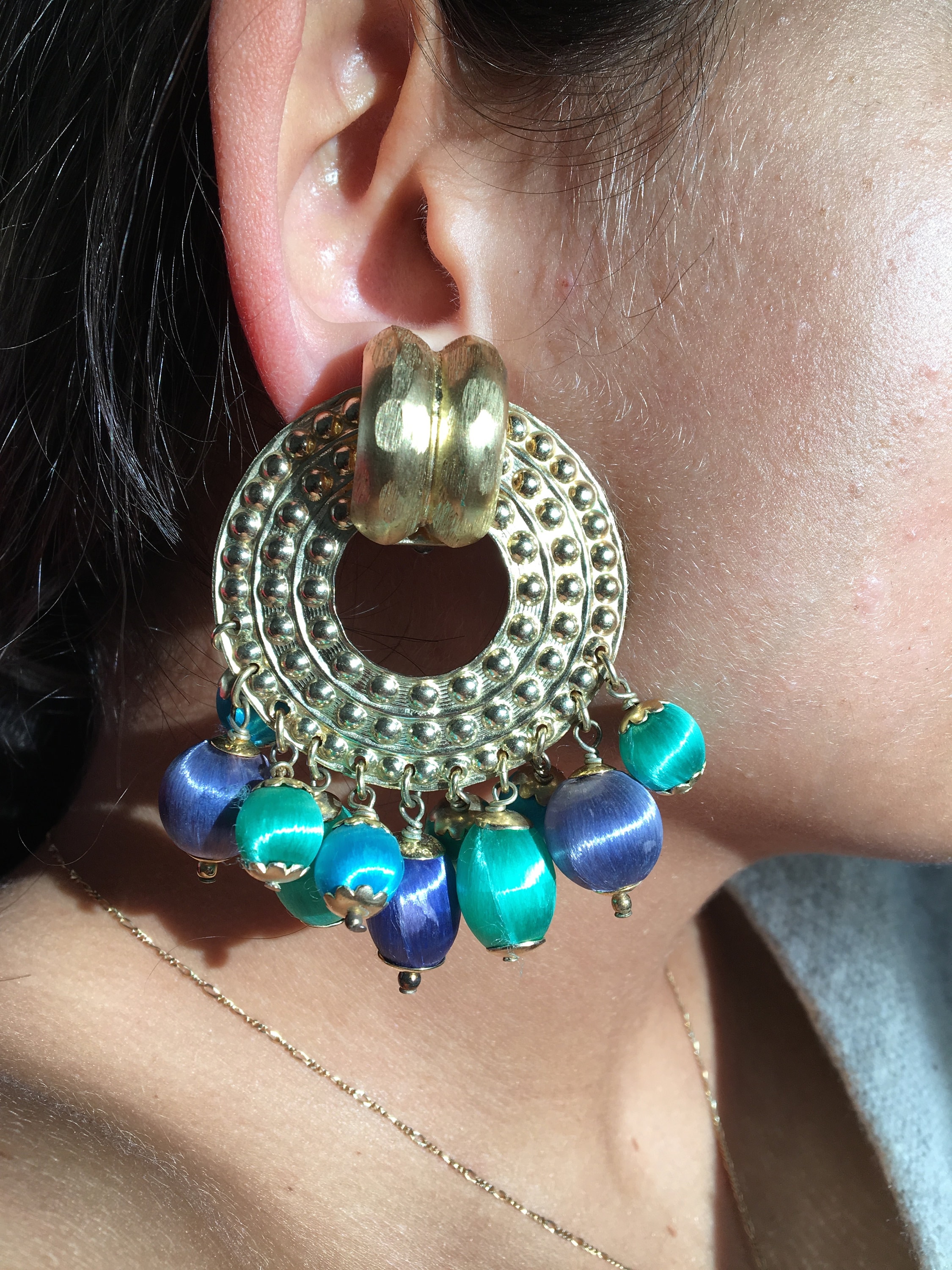 80s Statement Earrings 80s Oversized Hoop Earrings Beads Gold Tone Drop