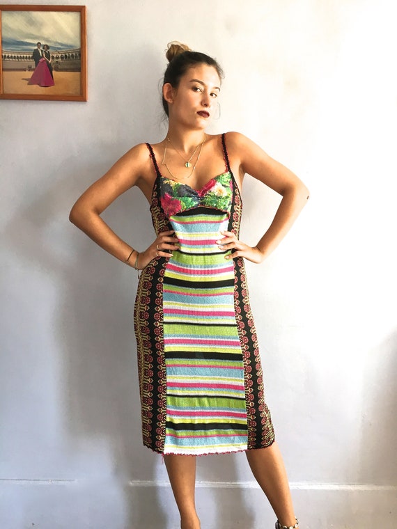Christian Lacroix, Vintage Christian Lacroix Bazar Lurex Sequin Patchwork Striped Knit Slip Dress (Small)