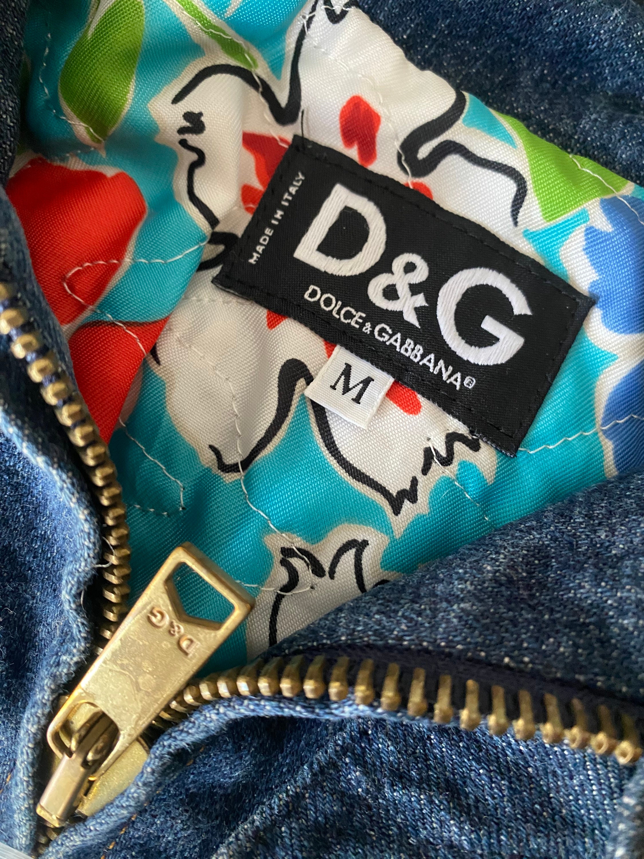 Dolce and Gabbana D G denim moto jacket quilted denim cropped jean jacket floral lining 90s D G cropped motorcycle jean jacket Dolce Gabbana