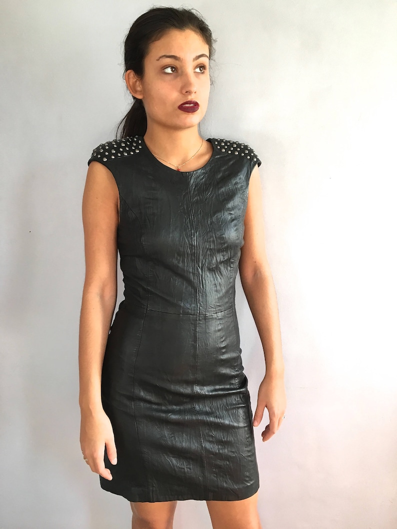 Studded leather dress padded shoulders fitted 90s leather | Etsy