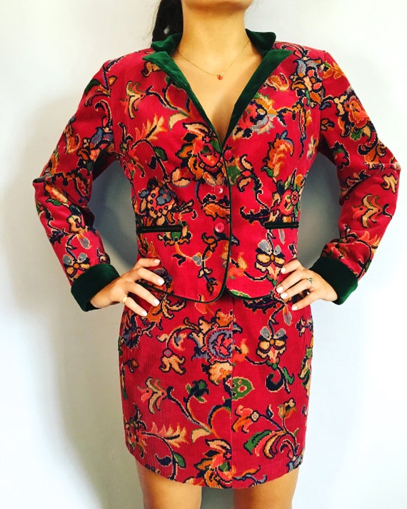 Vintage Kenzo Paris corduroy suit floral shoulder