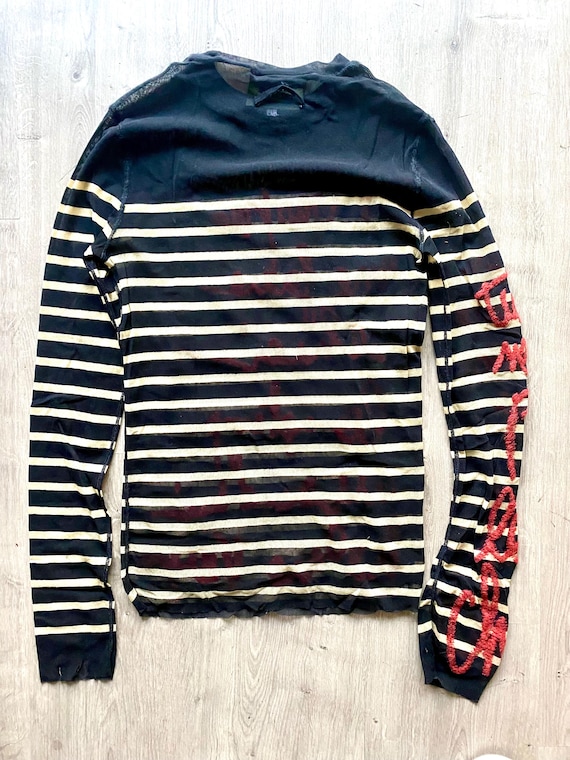 Haut Jean Paul Gaultier Vintage Automne 2001 - Top Calligraphie Mesh, Noir, Taille M - Occasion Bon état