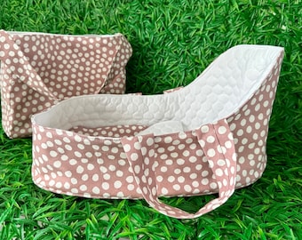 Dolls sleepover set. Beautiful fabric bassinet and nappy bag. One only in this fabric!