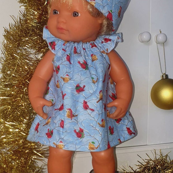 Vestido de Navidad y corona a juego para adaptarse a Miniland 38cm 32cm 21cm minikane babyborn dinkum dolls vestido hecho a mano en preciosos pájaros navideños