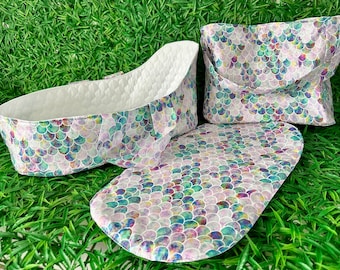 Dolls sleepover set. Beautiful fabric bassinet- carrier- pram cosy  and nappy bag. Mermaid fabric