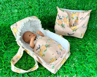 Dolls sleepover set. Beautiful fabric bassinet- carrier- pram cosy  and nappy bag. Limited to only 2!