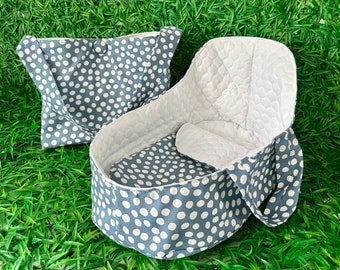 Dolls sleepover set. Beautiful fabric bassinet and nappy bag. One only in this fabric!