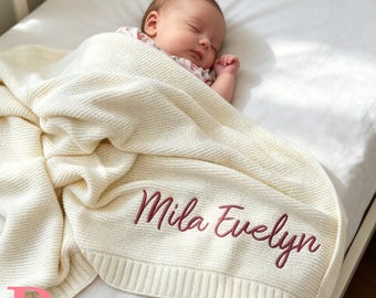 Manta de bebé de algodón tejida y bordada a medida, recuerdo personalizado con nombre, regalo para baby shower.