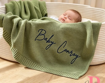 Manta de bebé de algodón tejida y bordada a medida, recuerdo personalizado con nombre, regalo para cochecito.