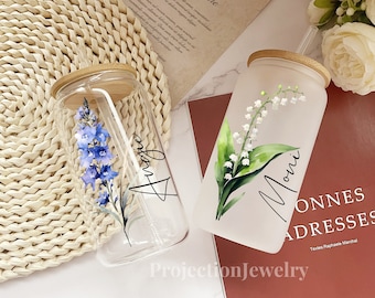 Personalized Birth Flower Glass Tumbler, Custom Coffee Cup with Bamboo Lid