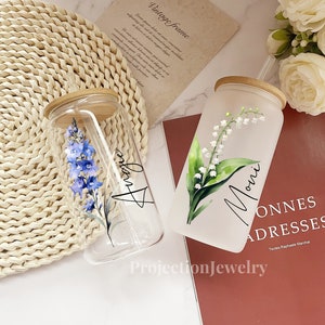 Personalized Birth Flower Tumbler , Custom Birth Flower Coffee Cup With Name , Gifts for Her ,Party Favor , Bridesmaid Proposal , Glass Mug