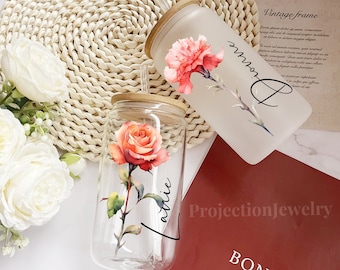 Personalized Birth Flower Glass Tumbler, Custom Floral Iced Coffee Cup