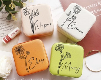 Personalized Leather Travel Jewelry Box, Bridesmaid Gift, Floral Design