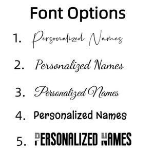 May include: Five different font options for the word "Personalized Names". The first four options are in cursive script, while the fifth option is in all caps with a bold, blocky font.