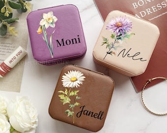 Personalized Leather Jewelry Travel Case, Engraved Birth Flower