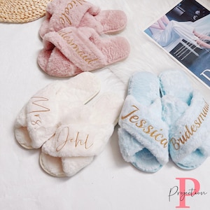 Custom Fluffy Slippers, Fluffy Cross slippers, Custom Bride Slippers, Bride to Be Gift, Bridesmaid Gift, Bachelorette Party, Fluffy Slippers