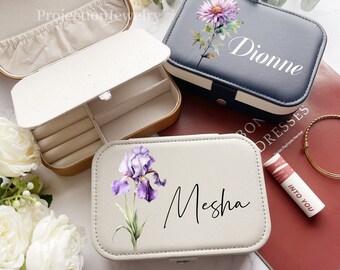 Estuche de joyería de cuero con flores personalizado: Organizador de viaje con flores de nacimiento